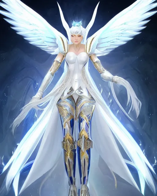 Image similar to perfect white haired egyptian goddess wearing white dove wings, warframe armor, regal, attractive, ornate, sultry, beautiful, ice queen, half asian, pretty face, blue eyes, detailed, scifi platform, 4 k, ultra realistic, epic lighting, android body, masterpiece, art by akihito tsukushi, voidstar, artgerm