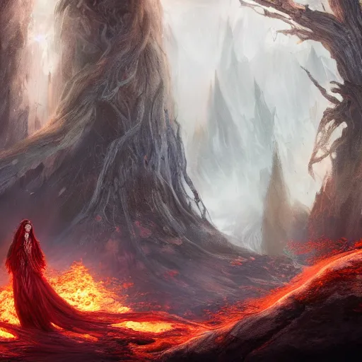 Image similar to elden ring art, concept art, highly detailed, malenia staying and looking on burning erd tree, fantasy art, digital drawing, arstation trends, 4 k