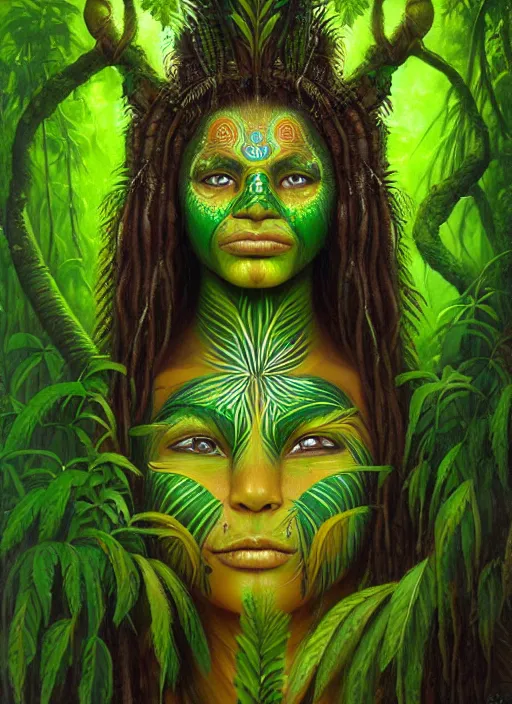 Image similar to the ayahuasca vine plant spirit mixed with the face of a beautiful indigenous woman with a third eye in the jungle, face painted in green, fractals, beautiful colors, matte painting, by christophe vacher