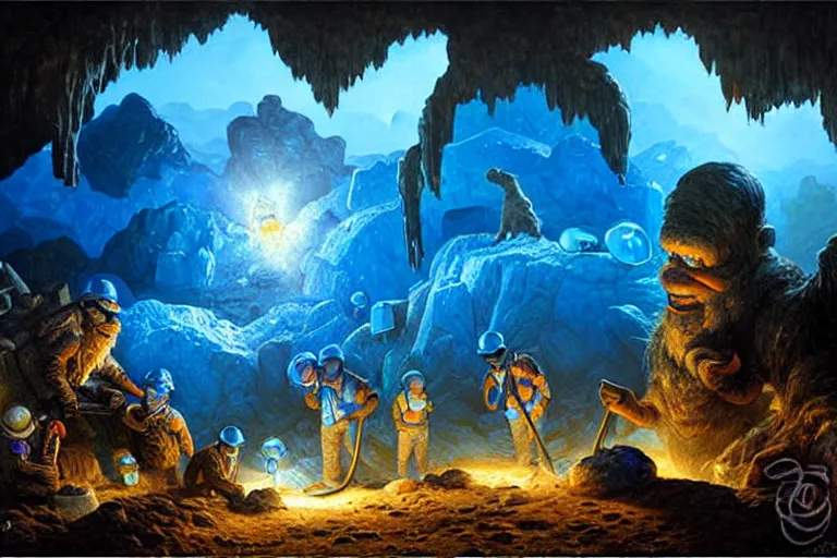 Image similar to portrait of group miners pepe digging deep cave trying to find blue crystals, an oil painting by ross tran and thomas kincade