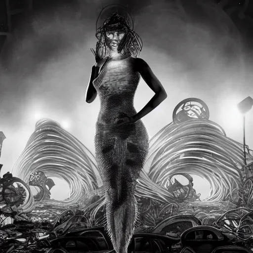 Prompt: highly detailed, black and white, androgynous goddess with flowing hair made of wired and a glowing see through vail type dress, in the background is the remnants of a abandoned modern city falling apart, lifeless and dead