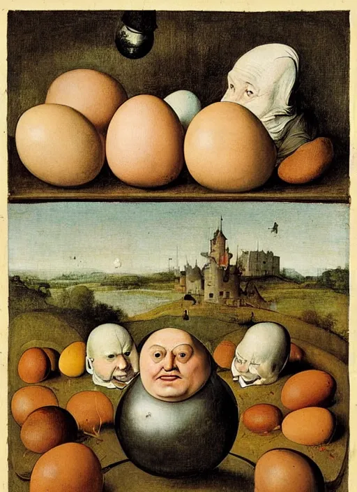 Prompt: carton of eggs with silly round humpty dumpty jack black facial expressions, realistic, by hieronymus bosch and pieter brueghel