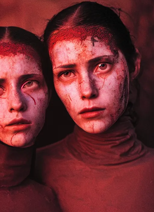 Image similar to cinestill 5 0 d photographic portrait by steve mccurry of two loving female androids wearing rugged black mesh techwear in a brutalist compound with a red sky, extreme closeup, cyberpunk style, dust storm, 8 k, hd, high resolution, 3 5 mm, f / 3 2, ultra realistic faces, ex machina