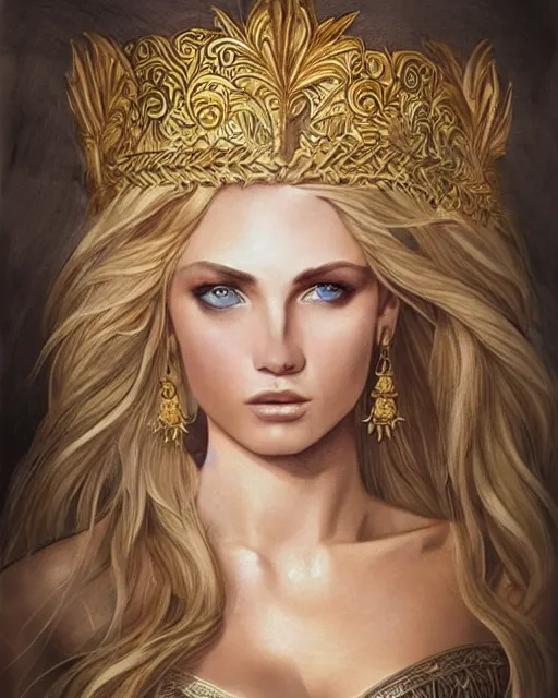 Image similar to tattoo sketch of hot blonde super model as aphrodite greek goddess wearing a gold laurel wreath and triangle earrings, beautiful piercing gaze with sharp pupils, in the style of greg rutkowski, fantasy, amazing detail, epic, elegant, smooth, sharp focus, front view