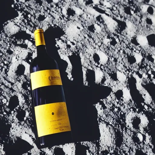 Prompt: picnic with close up of wine bottle on the moon