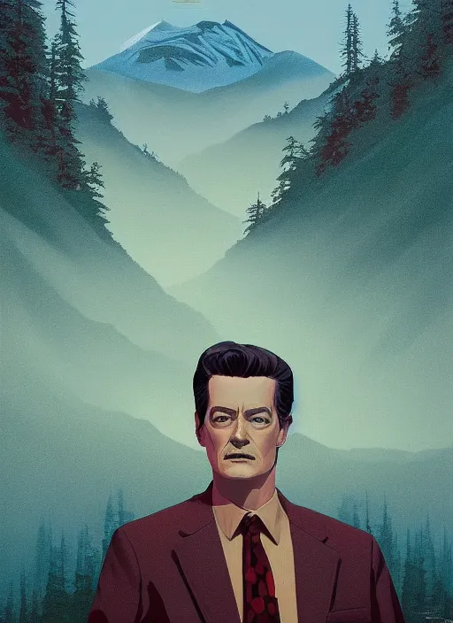 Prompt: Twin Peaks poster artwork by Artem Chebokha, Michael Whelan and Tomer Hanuka, Rendering of Kyle MacLachlan Dale Cooper Twin Peaks, full of details, by Makoto Shinkai and thomas kinkade, Matte painting, trending on artstation and unreal engine