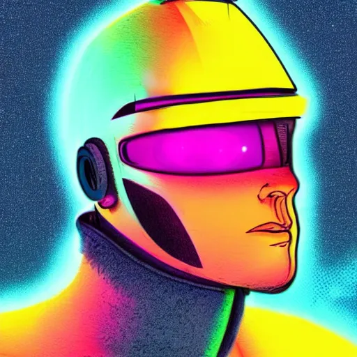 Prompt: a synthwave android with a visor, a sweatshirt, and a cool hat, digital art, cyberpunk, vivid, technological