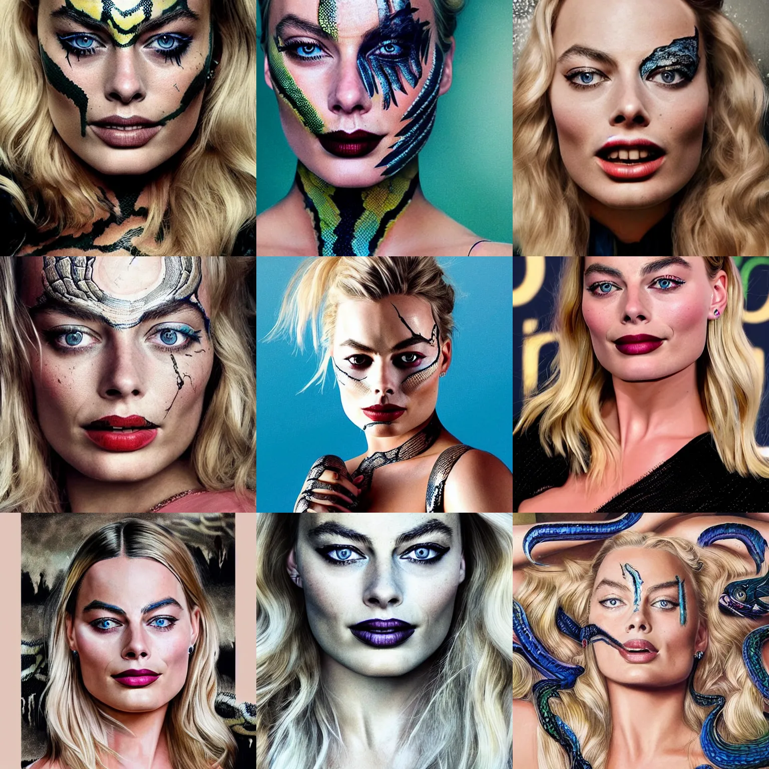 Prompt: a beautiful portrait of margot robbie with snake makeup covering the left side of her face, hyper realistic, hyper detailed, artistic