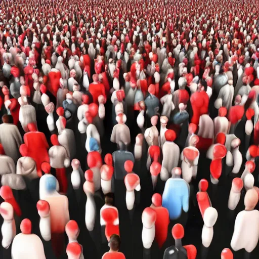 Prompt: a red cgi person inside a crowd of white people