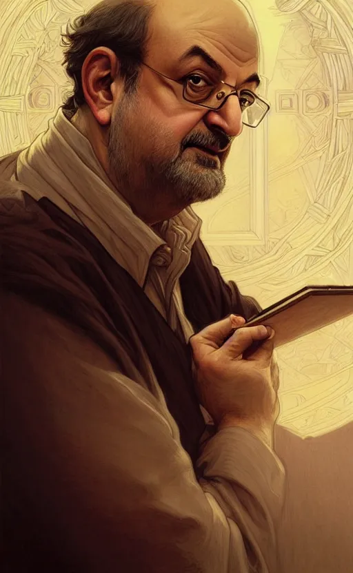 Image similar to portrait of salman rushdie writing, deep focus, d & d, fantasy, intricate, elegant, highly detailed, digital painting, artstation, concept art, matte, sharp focus, illustration, art by artgerm and greg rutkowski and alphonse mucha