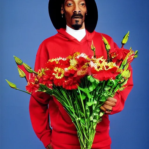 Prompt: Snoop Dogg wearing a sombrero while holding a Vase of flowers for a 1990s sitcom tv show, Studio Photograph, portrait, C 12.0