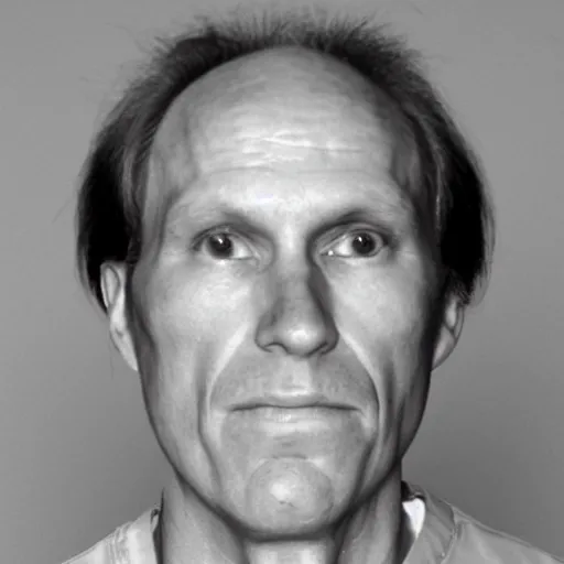 Image similar to A mugshot portrait of a middle aged older man who looks like Jerma985 with a receding hairline and short mid-length wavy hair, wearing mid-1980s menswear in the late 2008, taken in the late 1980s, grainy, realistic, hyperrealistic, very realistic, highly detailed, very detailed, extremely detailed, detailed, trending on artstation, front facing, front view, headshot and bodyshot, detailed face, very detailed face