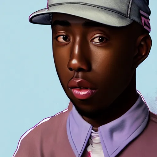 Prompt: hyper realistic tyler the creator, wearing hat, anime style, fashion clothing, shoulder eyes, last exile anime, symmetrical facial features, from arknights, hyper realistic, 4 k, rule of thirds, extreme detail, detailed drawing, trending artstation, realistic lighting, by alphonse mucha, greg rutkowski, short neck