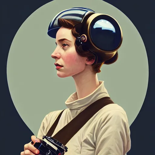 Image similar to A portrait of a girl wearing a vintage sci-fi astronaut helmet and holding a blaster, face, intricate, elegant, highly detailed, digital painting, artstation, concept art, smooth, sharp focus, illustration, art by phil noto and rebecca guay and james jean