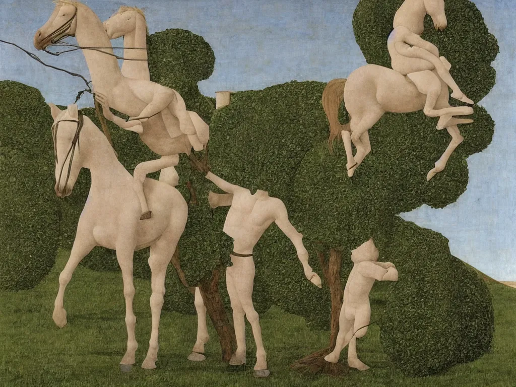 Image similar to Horse carrying tree. Baby on the ground. Painting by Alex Colville, Piero della Francesca