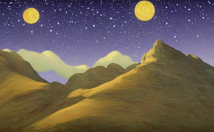 Image similar to mountains, stars and paisley filled sky, artstation, intricate, highly detailed, digital painting, concept art, sharp focus, illustration by Edward Hopper and Ivan Bilibin