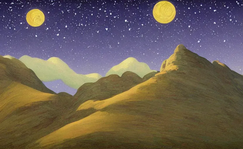 Prompt: mountains, stars and paisley filled sky, artstation, intricate, highly detailed, digital painting, concept art, sharp focus, illustration by Edward Hopper and Ivan Bilibin