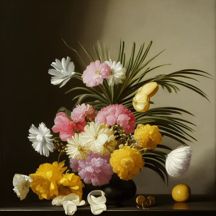 Image similar to still life painting of a beautiful bouquet of flowers by pieter claesz, palm trees in the background, oil on canvas, strong lighting, highly detailed, hyper realism, golden hour, god rays, hd, 4 k