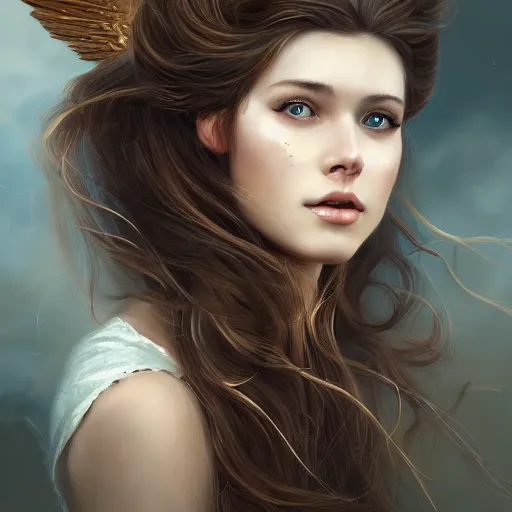 Image similar to A portrait of an attractive young female wind angel, beautiful long windy hair, wearing tumultus clouds, intricate, highly detailed, elegant, digital painting, trending on artstation