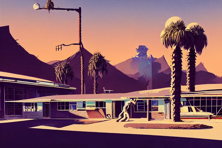 Image similar to broken robot | abandoned motel | palm trees | snowy mountains | moon in sky, painting by syd mead and weta studio and moebius and james jean and frank frazetta, highly detailed, rule of third, soft lighting, architectural magazine, beautiful detailed, insanely intricate details, artstation trending, hypermaximalistic, high details, cinematic