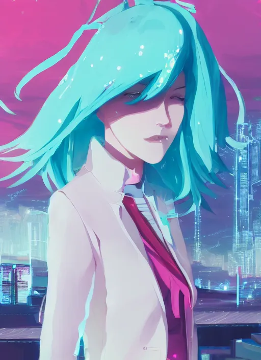 Image similar to woman with pink hair and blue eyes, wearing a white and turquoise colored outfit, cyberpunk city landscape, 4k, anime key visual, lois van baarle, ilya kuvshinov, rossdraws, artstation