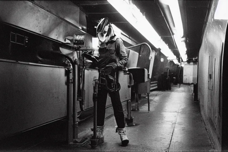 Image similar to portrait, girl in welding masks in subway, ominous lighting, by richard avedon, tri - x pan stock