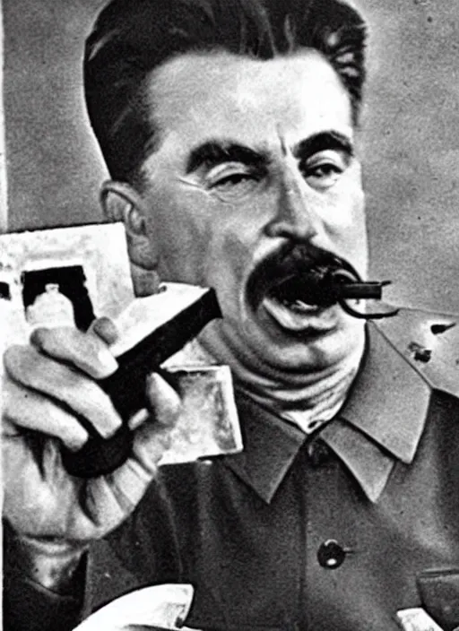 Image similar to Old detailed photograph of Stalin playing Xbox, screaming into the microphone with a bowl of Doritos beside him