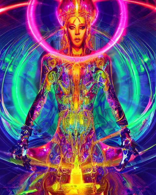 Image similar to a powerful energy psychedelic matrix priestess, by alexander fedosav, hyper detailed digital matte painting, concept art, hyperrealism, 1 6 k resolution, cinema 4 d, 8 k resolution, trending on artstation, behance hd, a masterpiece, by stephan martiniere, particles, cel - shaded, power bright neon energy, by david a. hardy,