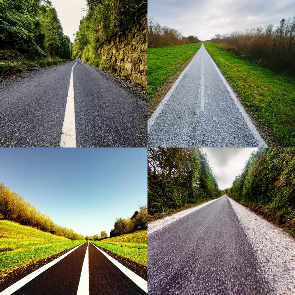 Prompt: first person pov of a person walking on a narrow one lane road through the countryside