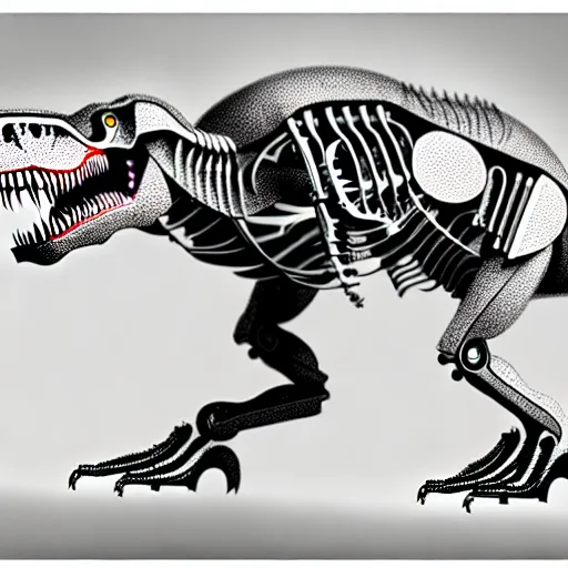 Image similar to an illustration of a book showing the complete anatomy of a cyborg t-rex, pencil sketch, extremely detailed