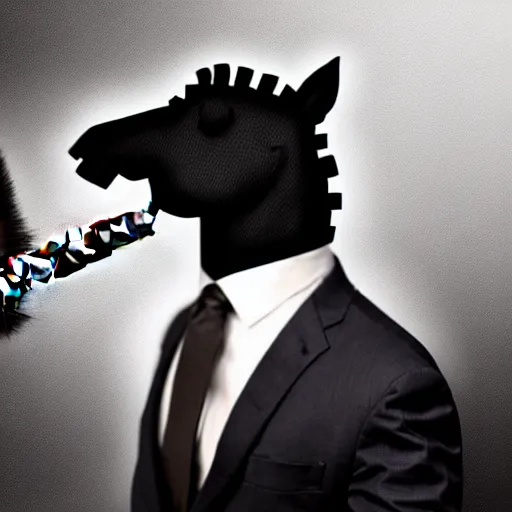 Image similar to an antropomorphic horse wearing a suit smoking a cigar