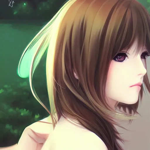 Image similar to a portrait of a pretty anime girl, brown hair, green eyes, by Ilya Kuvshinov