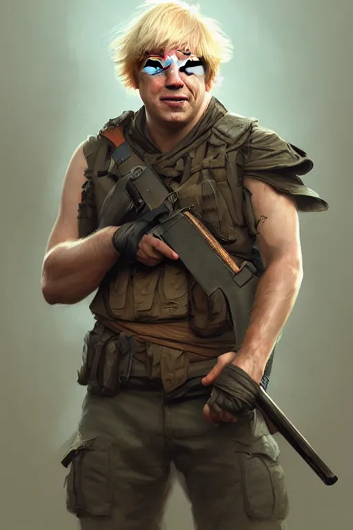 Image similar to Boris Johnson as Rambo, portrait, highly detailed, digital painting, artstation, concept art, smooth, sharp focus, illustration, cinematic lighting, art by artgerm and greg rutkowski and alphonse mucha