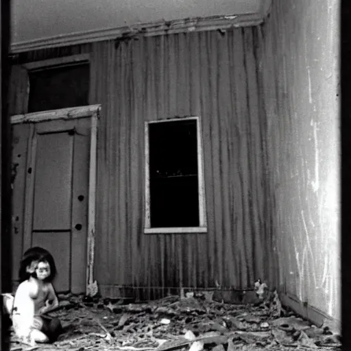 Image similar to 1 9 8 3, found footage, old abandoned house, creepy mutant flesh creature, flesh blob