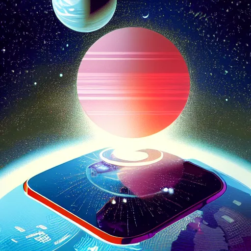 Prompt: illustration of a mobile phone with a planet inside the screen going out of it, in 4 d, detailed and intricate forty five degree isometric, cross by john berkey