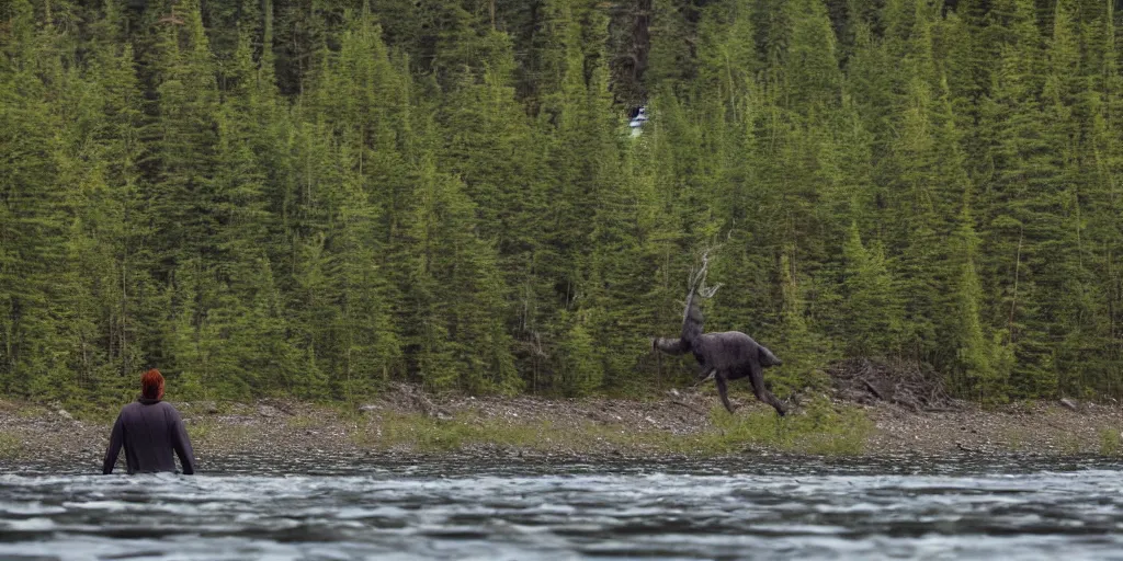 Prompt: Human sized cryptid in a river in alaska, long lens, telephoto, candid picture