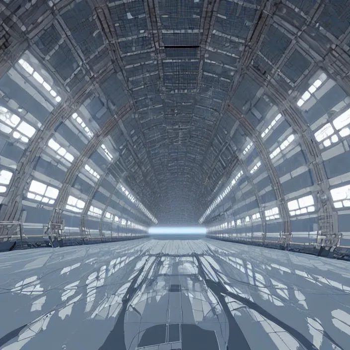 Image similar to A room inside a large hangar of the space station by Jose Daniel Cabrera Pena and Leonid Kozienko, concept art