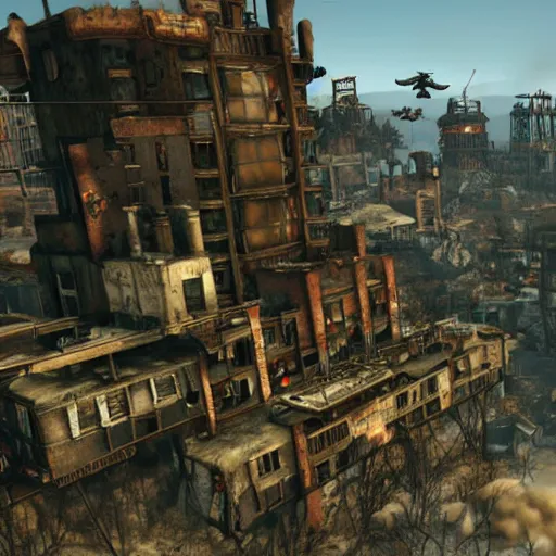 Prompt: a vertibird from Fallout flying over a steampunk village