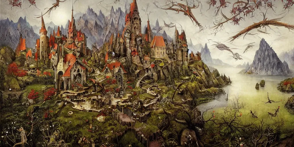 Prompt: beautiful Veduta painting gothic painting of a lively scenic rpg map with lakes, forests, mountain ranges, castles, rivers, hills, villages, flying dragons, surrounded by snowy mountains, by Esao Andrews and Peter Gric and Hieronymus Bosch and De Es Schwertzberger