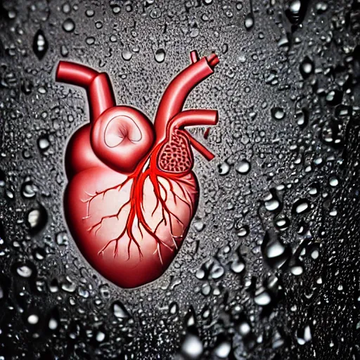 Prompt: a realistic anatomical human heart, inside a glass box, raindrops, rain splashing, photography 50mm f1.4
