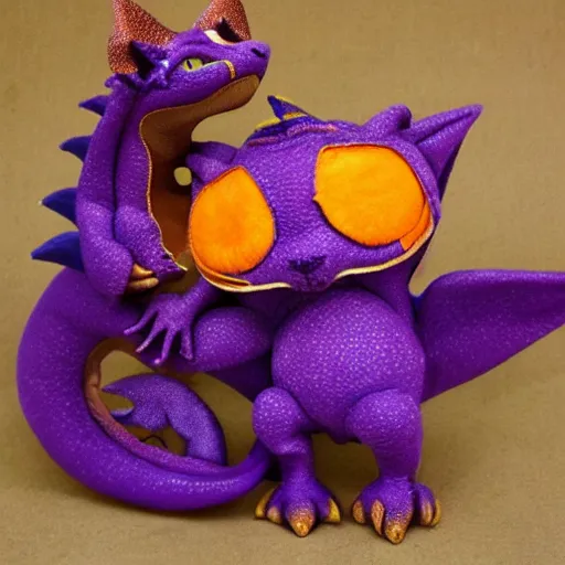 Image similar to tiny adorable purple fantasy dragon, the dragon is hugging an orange tabby cat, orange tabby cat hugging tiny purple dragon