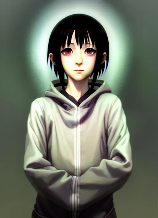 Prompt: a beautiful portrait painting of lain from serial experiments : lain. character design by shinji aramaki, charlie bowater, ross tran, artgerm, and makoto shinkai