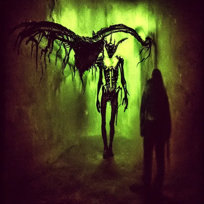 Image similar to a dark artistic photo of an alien creature with crazy wings, liminal eerie midnight backlit, big budget horror, a polaroid photo, bleeding decaying colors!