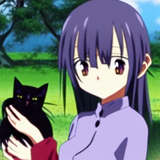 Image similar to Screenshot of Rika from the anime Higurashi no Naku Koro Ni petting a cat, Rika is petting a cute black cat, detailed eyes, detailed face