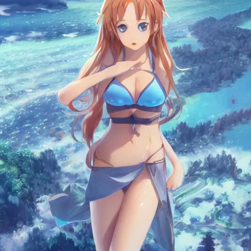 Prompt: seen from above : a giant macro very beautiful young yuuki asuna, full body, long wavy hair, sky blue eyes, full round face, bikini, miniskirt, standing in the middle of a miniature crowd, cinematic wallpaper by stanley artgerm lau