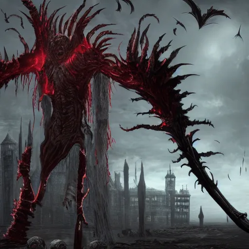 Prompt: Colossal Titan, Bloodborne boss, matte painting, detailed, Bloodborne, oil on canvas