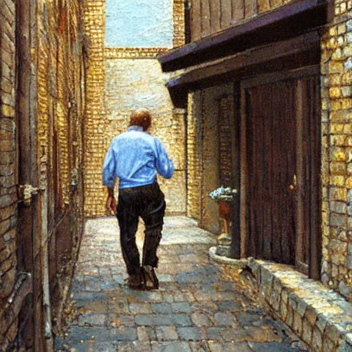 Prompt: a beautiful painting of a man strolling down an alley by Steve Hanks