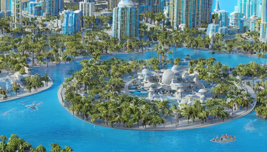 Prompt: concept city art of an artificial lake surrounded by palm trees and small blues domes in miami, sunny day, hyperdetailed, artstation, cgsociety, 8 k