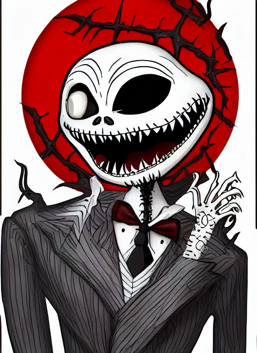 Image similar to jack skellington as a cosmic horror garfield with razor sharp teeth, red eyes, red teeth, digital art, lineart