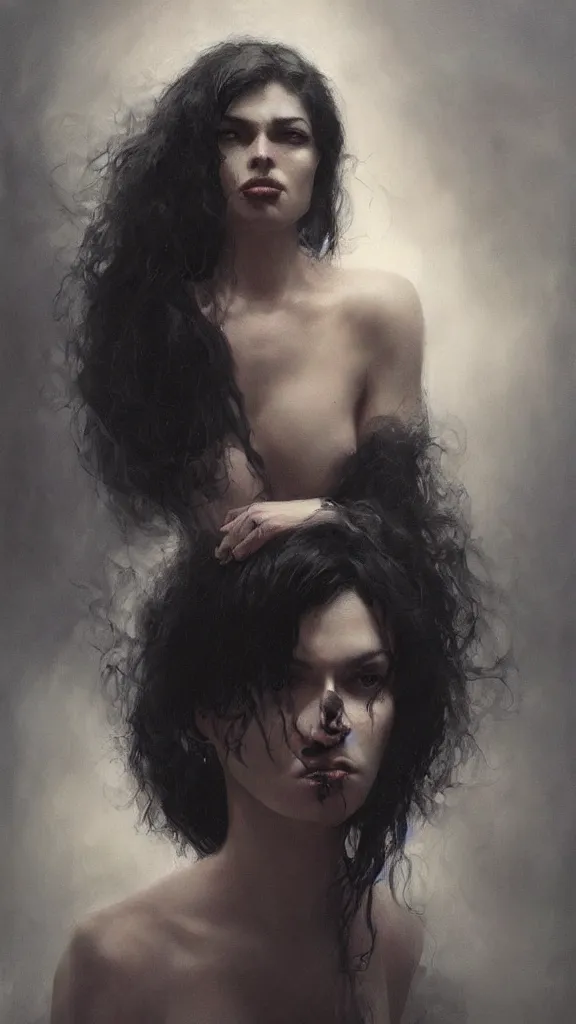 Image similar to face of a beautiful woman with very black hair, intimidating woman, large black eyes, high forehead, smooth pale skin, ethereal skin, ominous, eldritch. oil painting by nuri iyem, james gurney, james jean, greg rutkowski, highly detailed, soft lighting, chiaroscuro